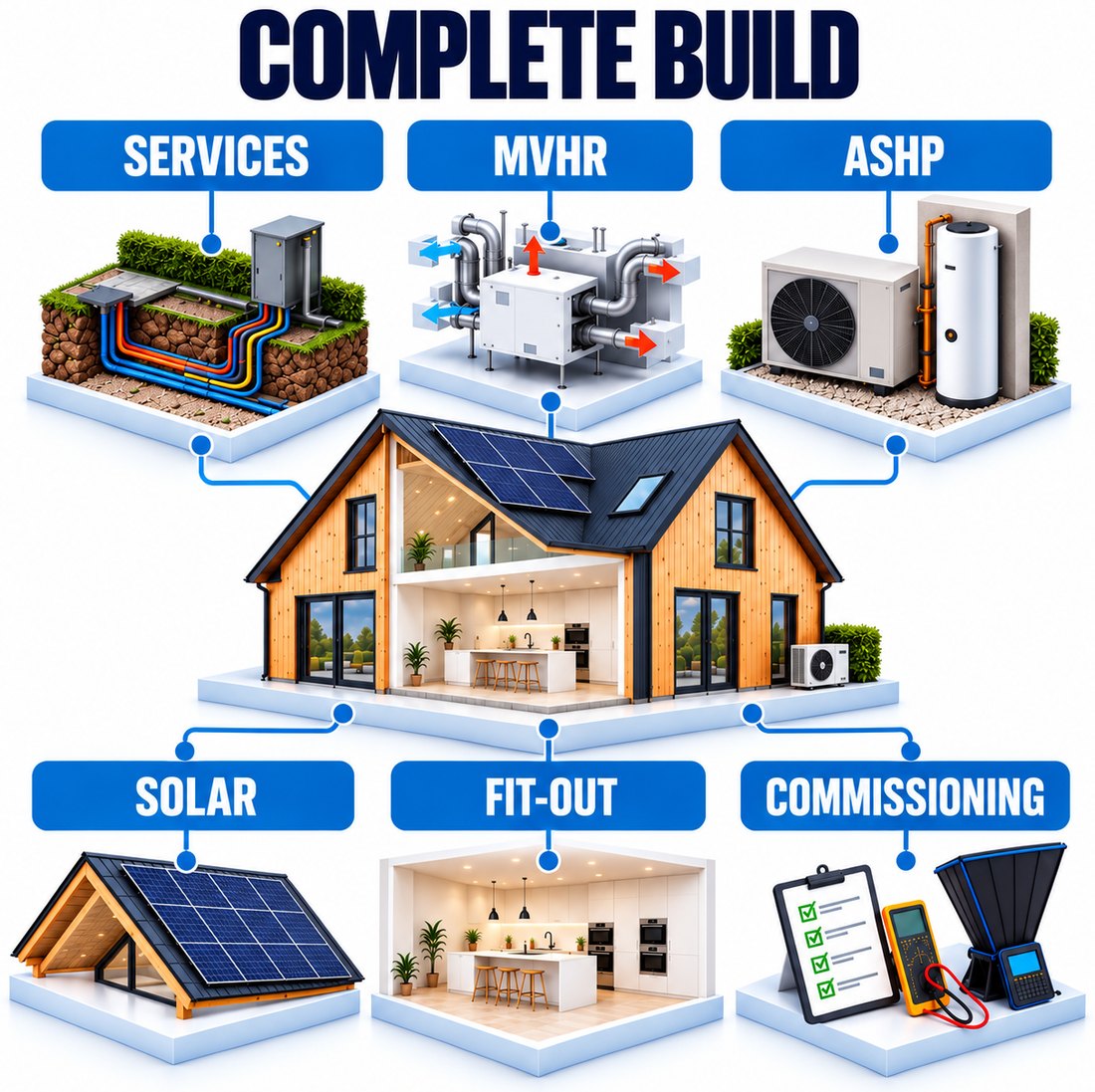 Complete Build: services, MVHR, air source heat pump, solar, fit-out and commissioning