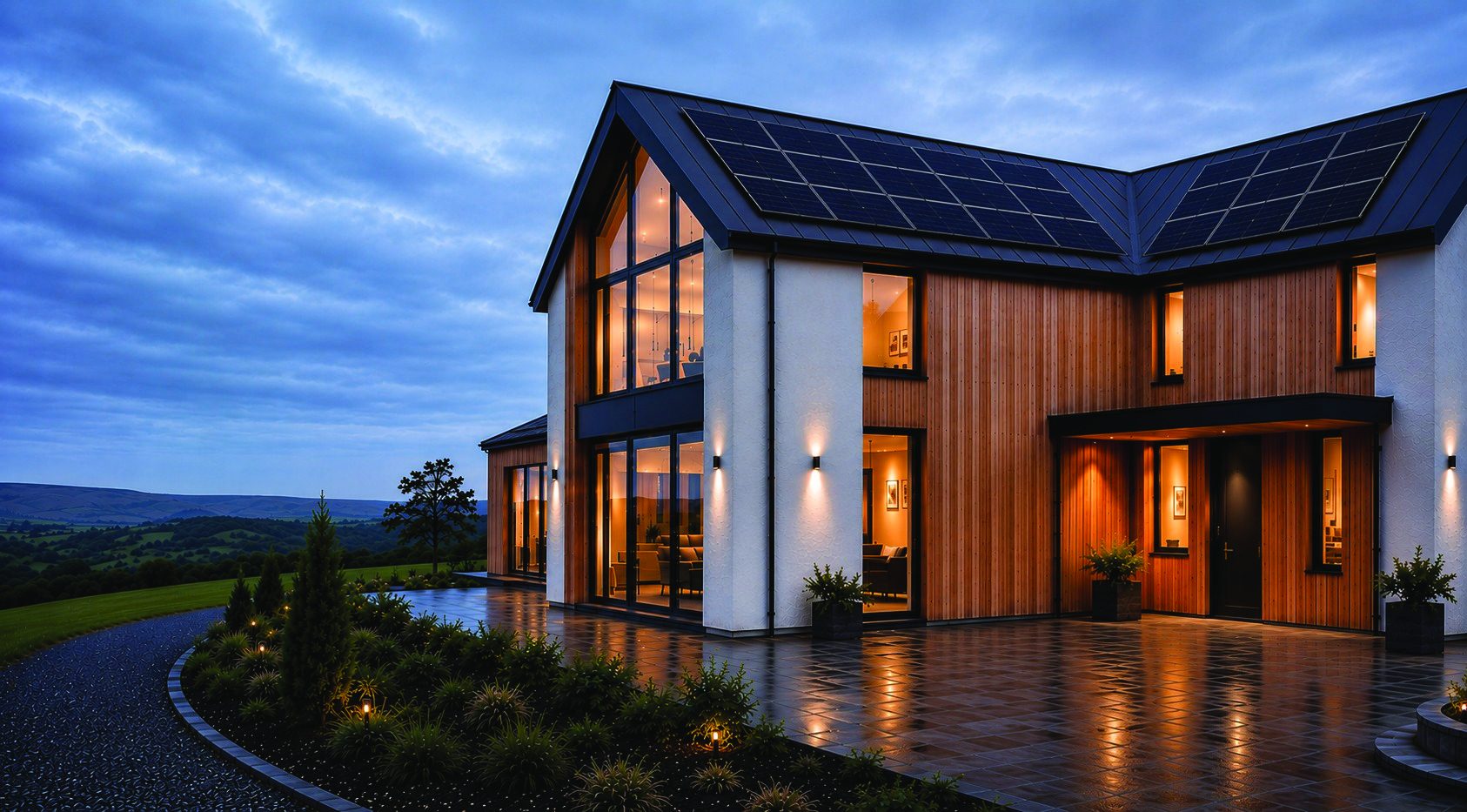 Low energy home at dusk with timber cladding, full-height glazing and a solar roof